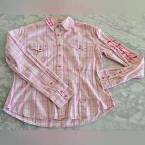Cowgirl Hardware Women's‎ Pink Plaid Long Sleeve Pink Pearl Buttons Size Large
